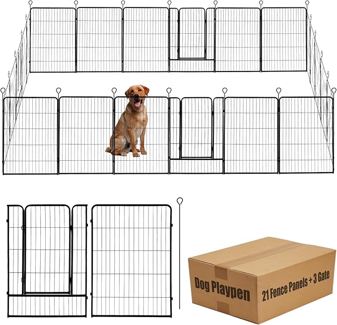 Dog Playpen,24 32 40 48 in(H) Pet Fence Outdoor for Rv Camping,Garden Fence Large Animal Barrie for Yard,11Ft(L)-56Ft(L) Black Metal Temporary Fencing-PurrikoPets