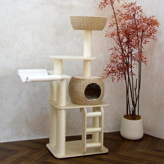 54 Inch Cat Tree for Indoor Cats, Tall Wooden Cat Tower with Scratching Posts, Rattan Condo and Perch, Multi-Level Cat Climber, Stylish Pet Furniture-PurrikoPets