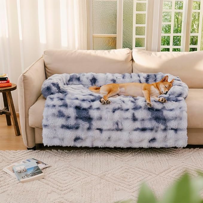 FUNNY FUZZY Pet Fluffy Plush Calming Dog Couch Bed Sofa Protector Washable Pets Mat for Large Medium Small Dogs and Cats (Tie-dye Blue,47.24 × 37.4 × 6.3 in)-PurrikoPets