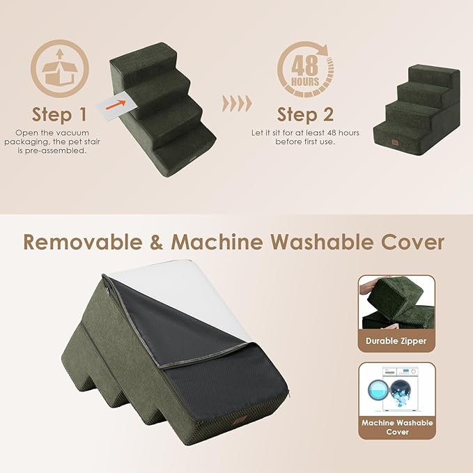 EHEYCIGA Dog Stairs for Bed 18" H, 4-Step Dog Steps for High Bed, Pet Steps for Small Dogs and Cats, Non-Slip Balanced Pet Ramp Indoor, Olive Green-PurrikoPets