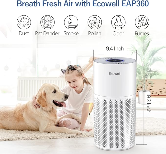 Air Purifiers for Home Large Room with Air Quality Sensor, Covers Up to 1640 Sq Ft, HEPA Filter, 360°Air Intake, Remove 99.97% Mold, Pet Dander, Dust, Odor, Smoke, ECOWELL Model: EAP360, White-PurrikoPets