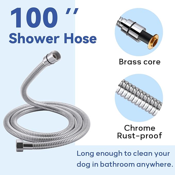 Dog Shower Attachment, 3 Mode Handheld Sprayer with ON/OFF Switch, G1/2" Metal Diverter, 100 Inches Stainless Steel Hose, No Drill Holder, for Pet and Dog Washing in Bathroom-PurrikoPets