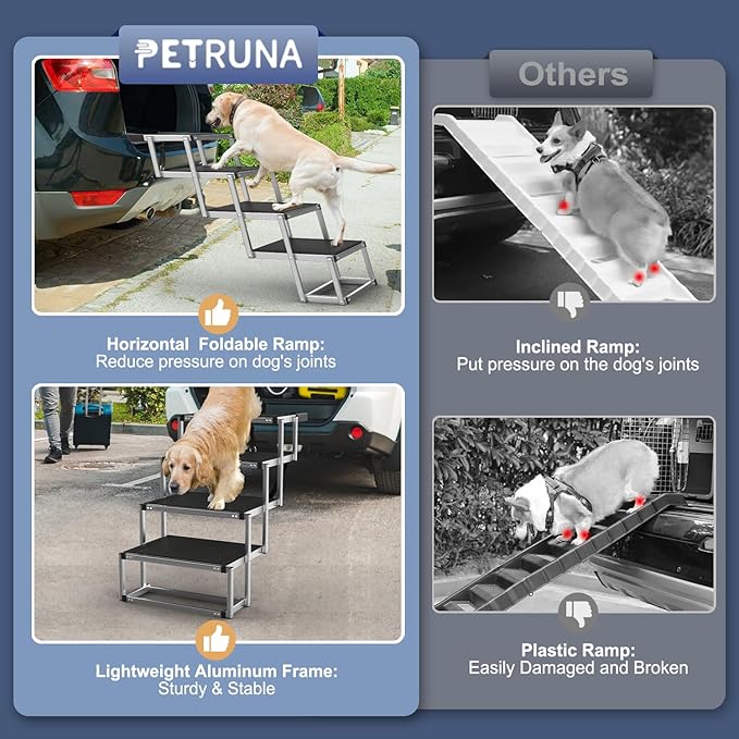 Dog Stairs for Car, Foldable Dog Ramp for Car with Non-Slip Surface, Portable Stairs Aluminum SUV, High Beds, Truck, Supports up to 150 lbs, 4 Steps-PurrikoPets