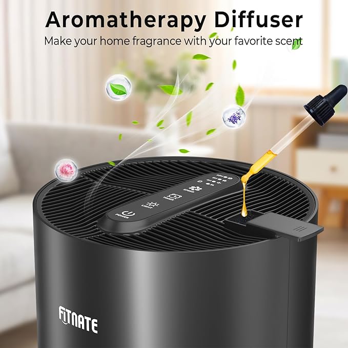 FITNATE Air Purifiers for Home Large Room Up to 1076 Ft² with Aromatherapy, H13 True HEPA Air Purifier for Pets, Quiet Air Cleaner for Smoke Dust Pollen Pet Dander Odor, with Night Light,Timer, Black-PurrikoPets