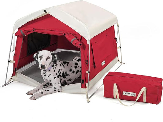 Dog Tent Cotton Fabric, Aluminum Poles and Camping Mat, Outdoor Weatherproof, Dog House Outdoor, Breathable with 2 Side Windows, Portable and Collapsible (Red, Large)-PurrikoPets