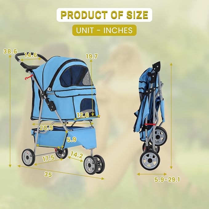 Foldable Pet Stroller for Cats and Dogs 3 Wheels Carrier Strolling Cart with Weather Cover, Mesh Panels，Storage Basket Cup Holder，Blue-PurrikoPets