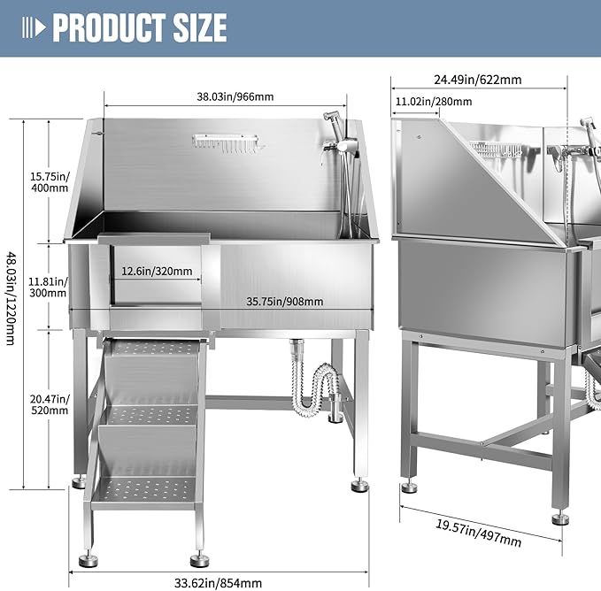 38" Pet Dog Bathing Station W/Ramp, Professional Stainless Steel Dog Grooming Tub W/Soap Box, Faucet,Rich Accessory, Dog Bathtub for Large,Medium,Small Pets, Washing Sink for Home,L-RAMP-PurrikoPets