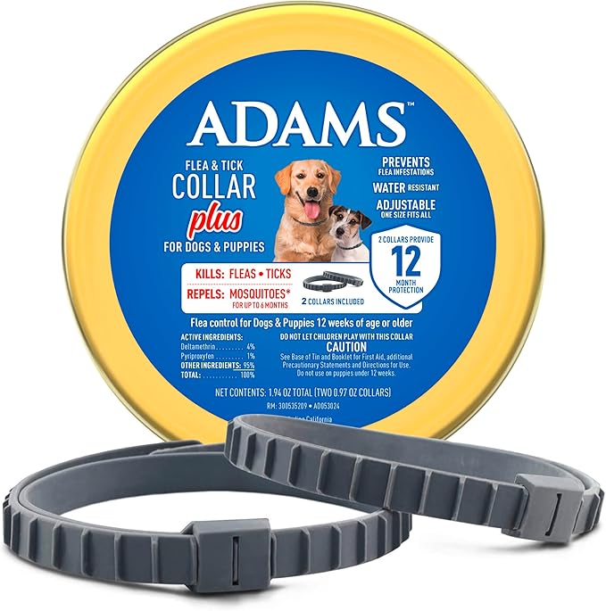 Adams Flea & Tick Collar Plus for Dogs & Puppies |2 Pack |12-Month Protection |One Size Fits All Dogs & Puppies 12 Weeks and Older |Kills Fleas and Ticks |Repels Mosquitoes (excluding California)-PurrikoPets