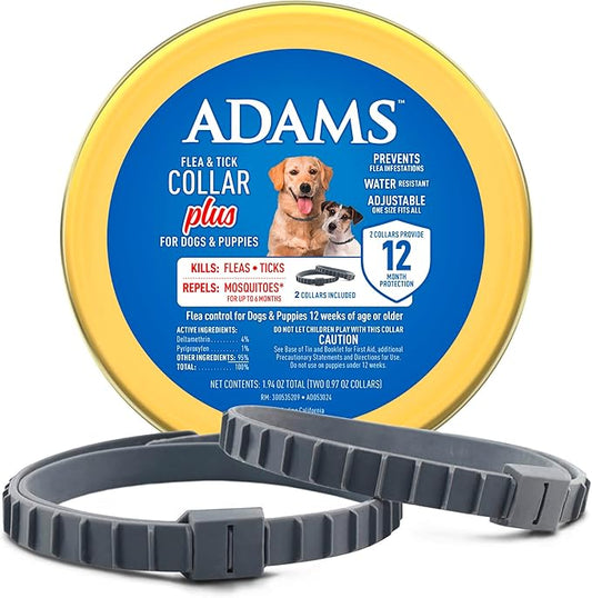 Adams Flea & Tick Collar Plus for Dogs & Puppies |2 Pack |12-Month Protection |One Size Fits All Dogs & Puppies 12 Weeks and Older |Kills Fleas and Ticks |Repels Mosquitoes (excluding California)-PurrikoPets