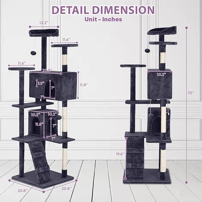 70 Inches Cat Tower for Indoor Cats, Multi-Level Cat Condos with Scratching Posts, Hanging Toys, Ashy-PurrikoPets