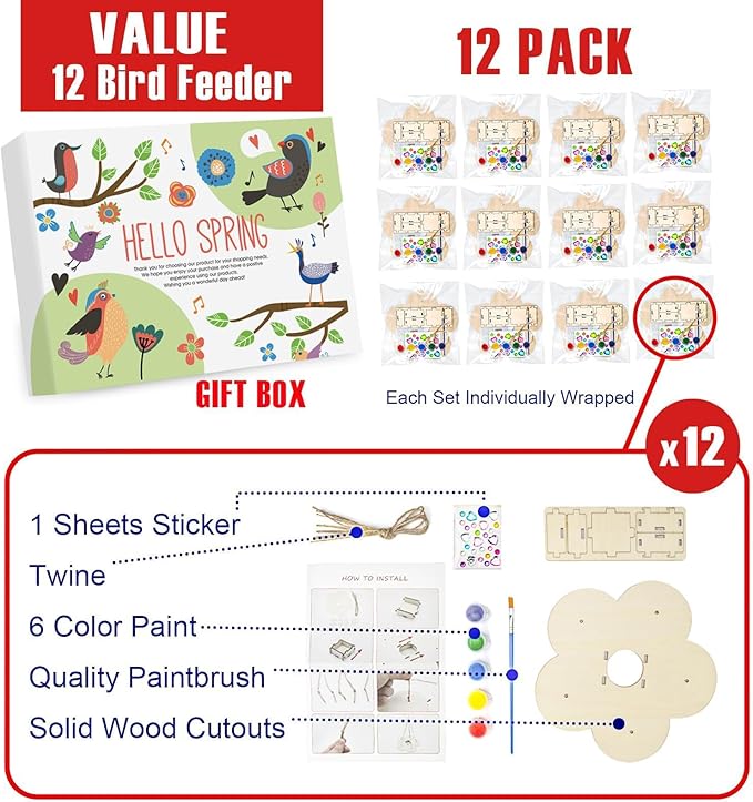 12 Pack Bird Feeder Craft Kits for Kids Ages 3-5 4-8 8-12, DIY Wooden Art Painting Outdoor Bulk Toys for Boys & Girls, Easter Christmas Gifts, Party Favor Gifts for Nature Loving Children-PurrikoPets