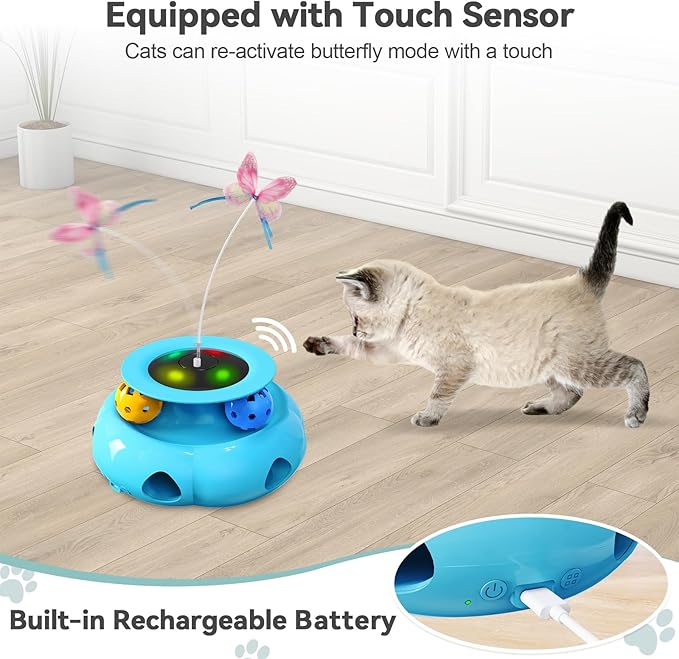 3in1 Interactive Cat Toys for Indoor Cats Rechargeable,Whack a Mole Cat Toy, Fluttering Butterfly, Track Balls, Automatic Kitten Toys Touch Activated, 2 Refill Feather-PurrikoPets