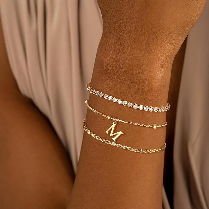 Valentines Day Gifts for Her Kids - Dainty Gold Bracelets for Women Personalized Gold/Silver Initial Bracelet Stack Stackable Rope Box Chain Tennis Bracelets for Girls Jewelry Set