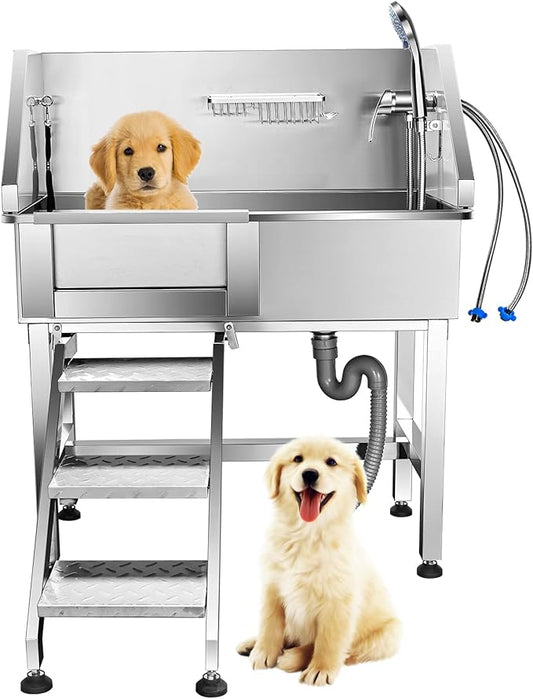 34'' Dog Washing Station for Small Dogs Grooming Tub Bathing Station Professional Pet Wash Station Bathtub for Home with Sliding Door, Faucet, Steps-PurrikoPets