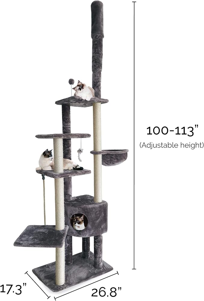 Furhaven 100"-113" Tall Cat Tree for Indoor Cats w/ Adjustable Height, Ft. Sisal Scratching Posts, Condo, & Toys - Tiger Tough Skyscraper Interactive Playground Tower - Gray, One Size-PurrikoPets