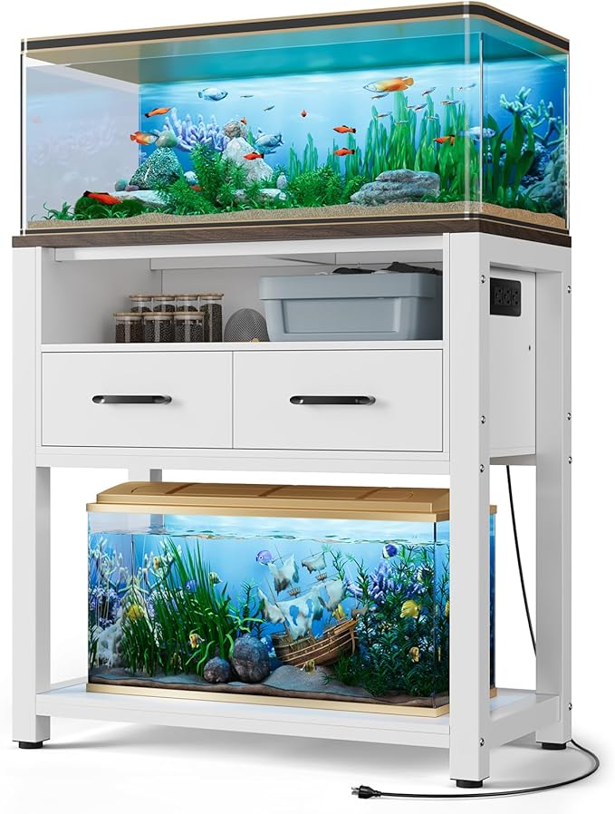 20-29 Gallon Aquarium Stand with Stable Metal Frame & Power Outlet, Heavy-Duty Fish Tank Stand with Waterproof Mat, 550LBS Capacity Storage Cabinet, White+Brown-PurrikoPets