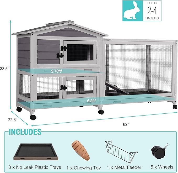 62" Rabbit Hutch with Chew-Proof Ramp & Waterproof Roof - Indoor/Outdoor Bunny Cage, 2-Story Design, 6 Lockable Caster Wheels & Dual Pull-Out Trays (Grey)-PurrikoPets