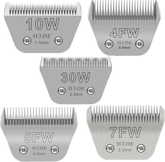 5PCS Wide Blades for Dog Grooming Blades Compatible with Andis Dog Clipper,Dog Clipper Blades for Oster A5,Wahl km10 Dog Clippers Stainless Steel for Animal Dog,Cat,Horse,Size:#10W+30W+4FW+5FW+7FW-PurrikoPets