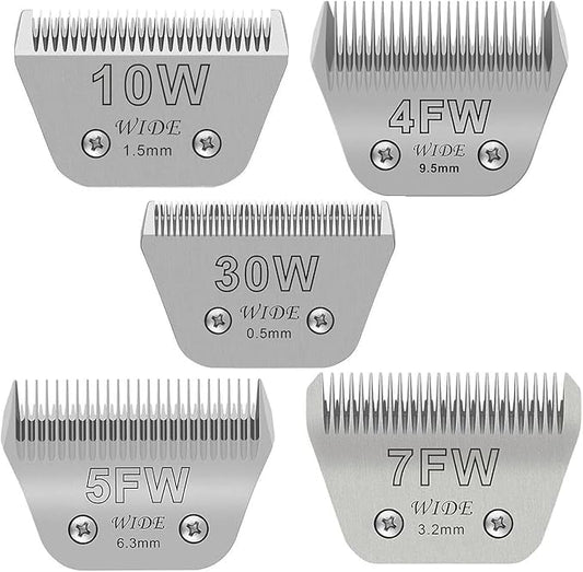 5PCS Wide Blades for Dog Grooming Blades Compatible with Andis Dog Clipper,Dog Clipper Blades for Oster A5,Wahl km10 Dog Clippers Stainless Steel for Animal Dog,Cat,Horse,Size:#10W+30W+4FW+5FW+7FW-PurrikoPets