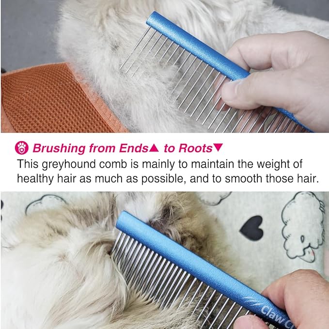7.5" Greyhound Oval Grooming Comb – Blue Aluminum Spine, Stainless Steel Teeth Comb for Long-Haired Dogs & Cats, Removes Mats, Tangles, and Loose Fur – Lightweight for Long Time Deshedding-PurrikoPets