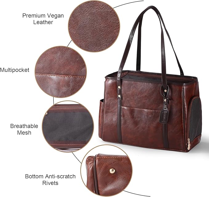Fashion Dog Carrier Purse, Premium Leather Cat Carrier Bag, Airline Approved Soft Sided Pet Travel Tote Bag with Pockets Coffee-PurrikoPets
