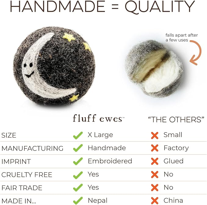 Fluff Ewes Wool Dryer Balls 6 Pack Premium New Zealand Wool Laundry Balls for Dryer, No Static Dryer Balls Laundry Reusable, XL Wool Dryer Balls Cute, Baby Dryer Balls for Dryers - Rainbow or Shine-PurrikoPets