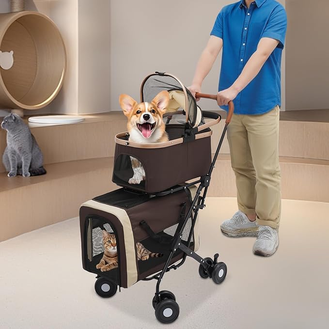 Double Pet Stroller for Dogs and Cats, Foldable Dog Stroller Travel Carriage with Detachable Carriers, Safety Belts, and 4 Lockable Wheels for Small to Medium Pets (Coffee Color)-PurrikoPets