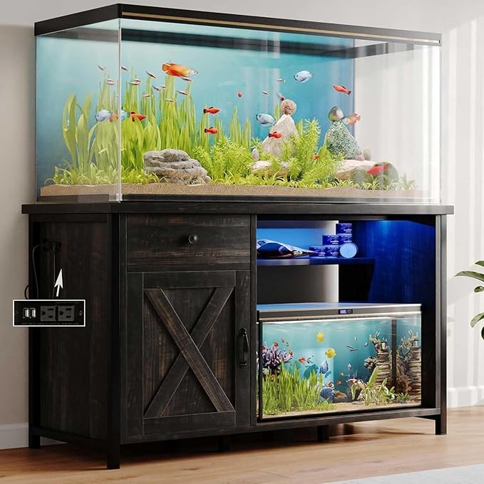 4ever2buy 55 Gallon Fish Tank Stand with LED Light & Power Outlets, 55-75 Gallon Aquarium Stand with Drawer & Barn Door, Cabinet for Fish Tank Accessories Storage for Reptile Tank, Turtle Tank, Oak-PurrikoPets