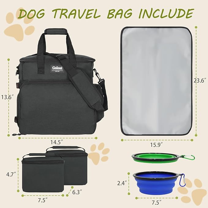 Dog Travel Bag Airline Approved–Pet Travel Tote with Collapsible Bowls,Food Containers & Feeding Mat–Multi-Pocket Organizer for Dogs & Cats, Durable & Water-Resistant for Hiking,Trips,Outdoors-PurrikoPets