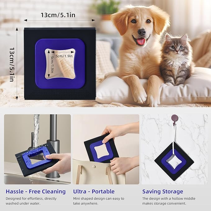 3 in 1 Mini Pet Hair Removal Tool, Dog and Cat Square Hair Remover for Car Detailing Supplies, Clothes, Couch and Carpet, Fur Cleaning Supplies for Furniture-Ergonomic and Anti-Slip, Mini Pet Supplies-PurrikoPets