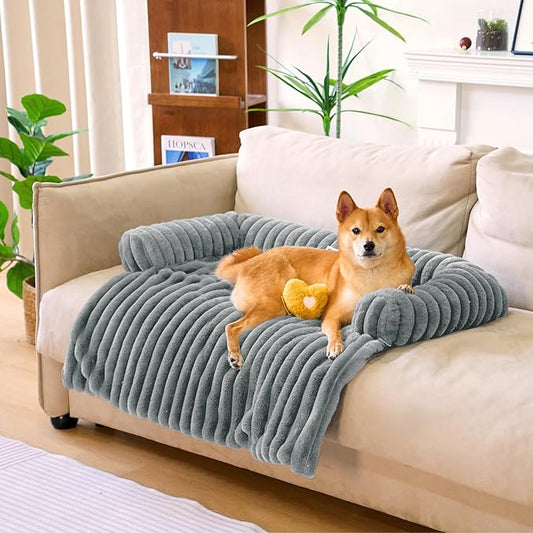 FUNNY FUZZY Pet Couch Cover for Sofa, Calming Dog Bed for Couch, Fluffy Plush Dog Couch Mat for Furniture Protector for Large Medium Small Dogs and Cats, Mist Grey-PurrikoPets