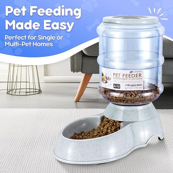 Flexzion Gravity Pet Feeder Food Dispenser (6-12 lb Size) Automatic Replenish Dry Food Storage Container Bowl for Small Medium Breed Dog Cat Animal Feeding Watering Fountain Supplies-PurrikoPets