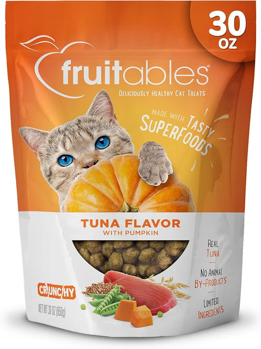 Fruitables Cat Treats, Healthy Treats for Cats, Low Calorie and Packed with Protein, Crunchy Biscuits, Free of Wheat, Corn and Soy, Made with Real Tuna and Pumpkin, 30oz-PurrikoPets