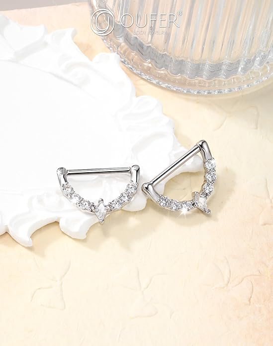 OUFER 2PCS 14G Nipple Piercing Jewelry, 316l Surgical Steel Nipple Rings for Women Men, Clear CZ Hinged Segment Clicker Rings Hoops- Silver