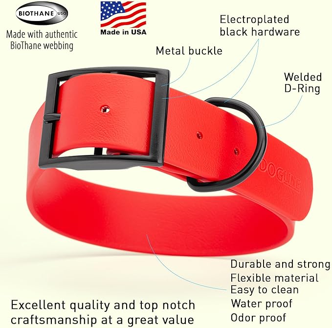 Dogline Biothane Waterproof Dog Collar Strong Coated Nylon Webbing with Black Hardware Odor- Proof for Easy Care Easy to Clean High Performance Fits Small Medium or Large Dogs, Cherry Red-PurrikoPets