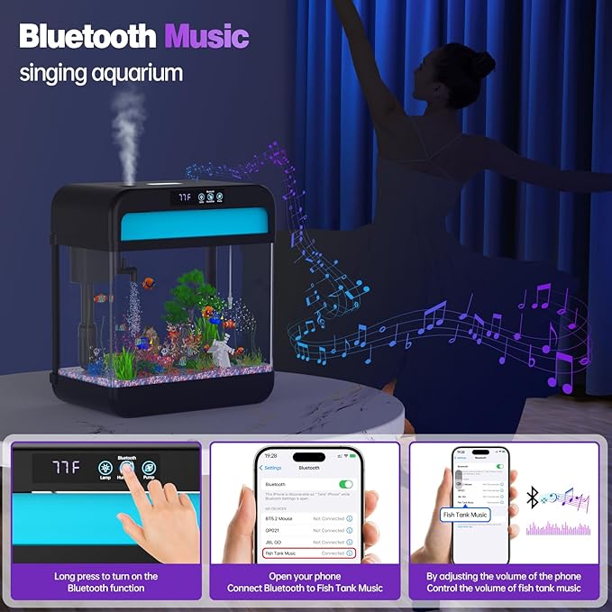 Fish Tank 2.2 Gallon Fish Aquarium with Music Humidifier 7 Color Auto-Looping Light Adjustable Water Pump with Filtration & Aeration & Circulation, Temperature Display, Bottom Water Changer-PurrikoPets