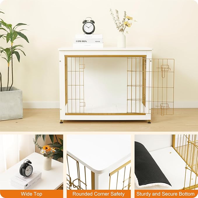 DWANTON Dog Crate Furniture with Cushion, Wooden Kennel Table with Double Doors, Indoor Dog House, Medium Size, 32.5" L, White-PurrikoPets