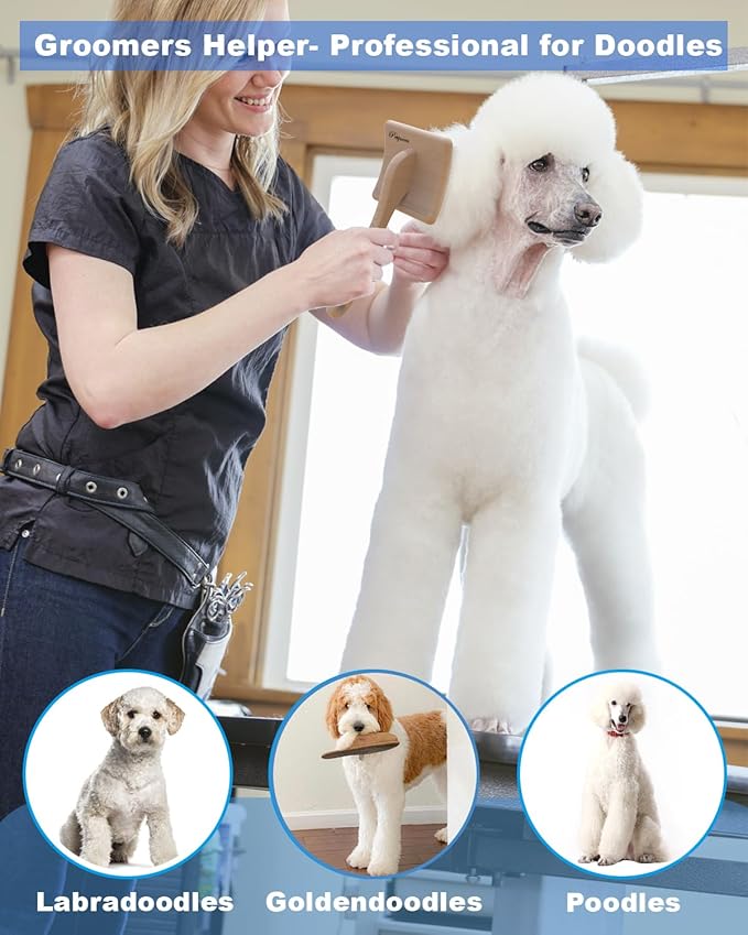 Dog Slicker Brush for Large Dogs, Professional Doodles Brush for Poodles, Goldendoodles and Labradoodles - Easy to Remove Tangles, Mats and Fluff - 3.8"x3.2" Head, 8" Wood Body-PurrikoPets