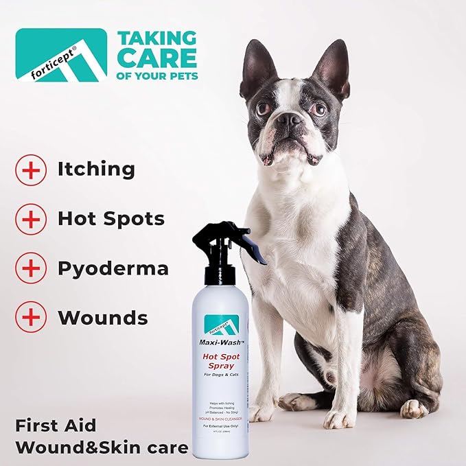 Forticept Maxi-Wash Hot Spot Spray Treatment, Wound Care & Itch Relief Spray for Dogs and Cats. Relives Scratching, Rashes, Sores, Itchy Skin and Paw Licking 8 oz-PurrikoPets