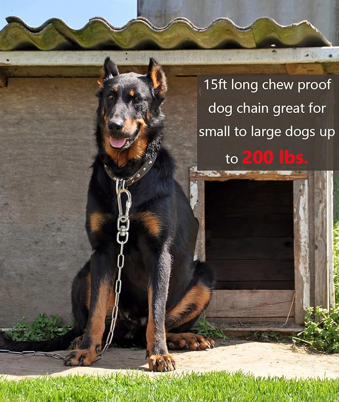 15 ft Dog Chains for Outside - Heavy Duty Tie Out Chain Leash Great for Small to Large Dogs Up to 200Lbs - Chew Proof Long Chain for Yard Camping or Travel (15ft Without Spring)-PurrikoPets
