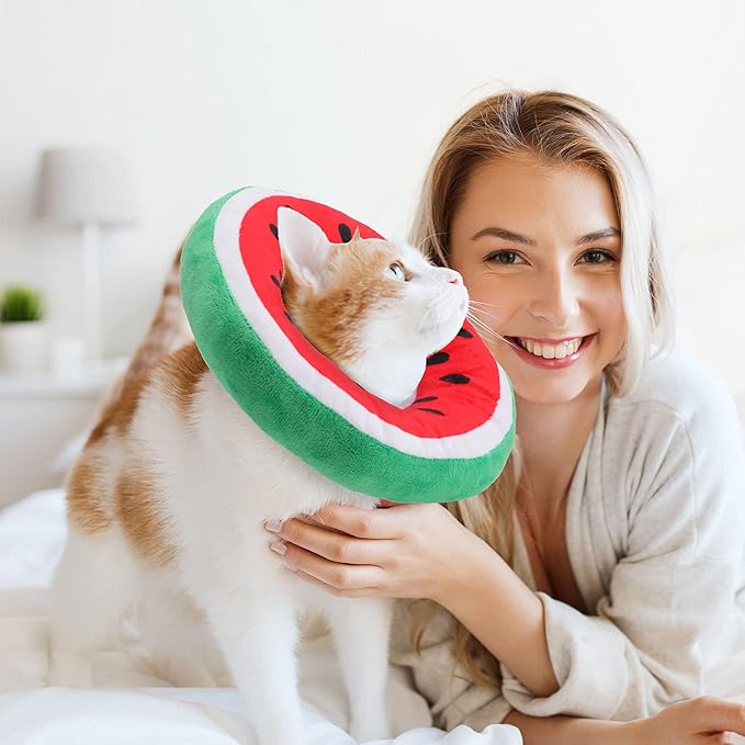 2 Pcs Adjustable Cat Cone Collar Soft Small Cute Cat Recovery Donut Collar After Surgery Orange Watermelon Elizabethan Kitten Neck Cones for Small Dogs Pet, Fruits Shaped, Under 7 lbs-PurrikoPets