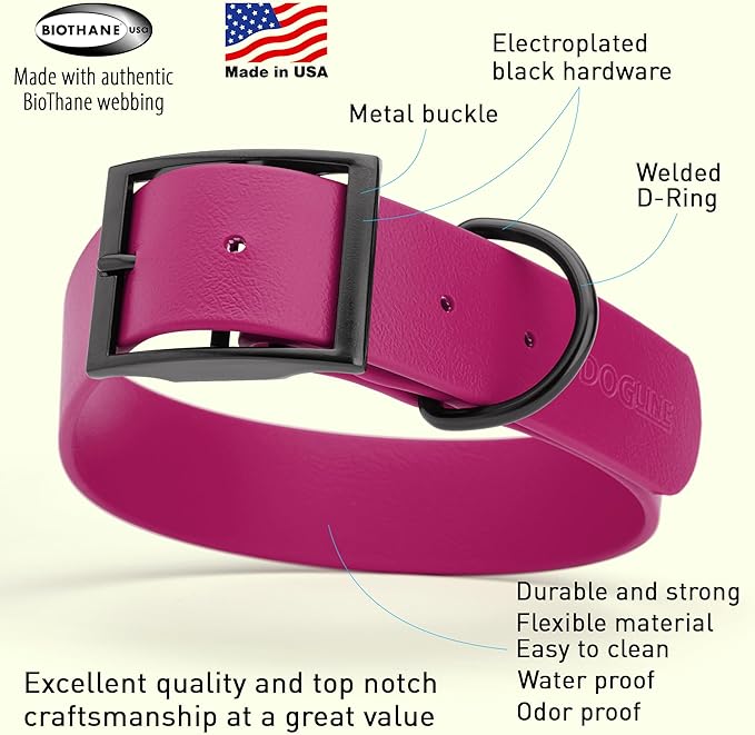 Dogline Biothane Waterproof Dog Collar Strong Coated Nylon Webbing with Black Hardware Odor- Proof for Easy Care Easy to Clean High Performance Fits Small Medium or Large Dogs, Magenta Pink-PurrikoPets
