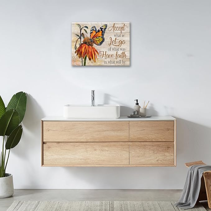 Farmhouse Butterfly Bathroom Pictures Wall Art, Rustic Floral Country Bathroom Wall Decor, Daisy Inspirational Framed Painting Canvas Artwork for Bedroom Living Room Decorations 16"L x 12"W-PurrikoPets