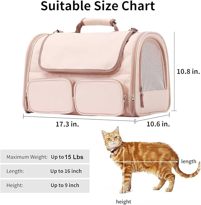 FUKUMARU Cat Carrier, 4 Mesh Windows Small Dog Carrier, 4 Storage Pockets Cat Travel Bag, Under 15 lb Airline Approved Pet Carrier, Rollable Cover for Nervous Cats, Pink-PurrikoPets
