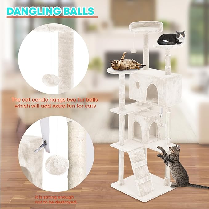 FDW Cat Tree 70in Cat Tower Multi-Level Durable Cat Scratching Post & Cozy Fun Cat Jumping Platform Space Saving Cat Condo Pet Play House for Indoor Cats,Beige-PurrikoPets