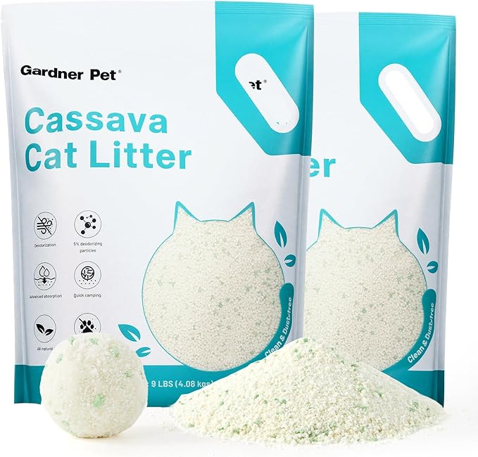 Gardner Pet Cassava Cat Litter, Clumping Cat Litter with Odor Control, Low Dust, Natural Plant-Based Litter, Fast Absorption & Low Tracking Kitty Litter, Unscented with Deodorizing Pellets (9LBS*2)-PurrikoPets