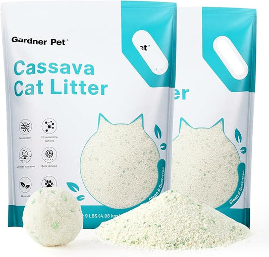 Gardner Pet Cassava Cat Litter, Clumping Cat Litter with Odor Control, Low Dust, Natural Plant-Based Litter, Fast Absorption & Low Tracking Kitty Litter, Unscented with Deodorizing Pellets (9LBS*2)-PurrikoPets