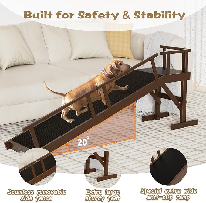 61" Dog Ramp for Bed, Pet Ramp with Removable Side Rail and Non-Slip Surface, Pet Ramp for Small & Large & Senior Dogs with Rest Platform and DIY Glow Strips,Dog Stairs for Couch, Brown-PurrikoPets