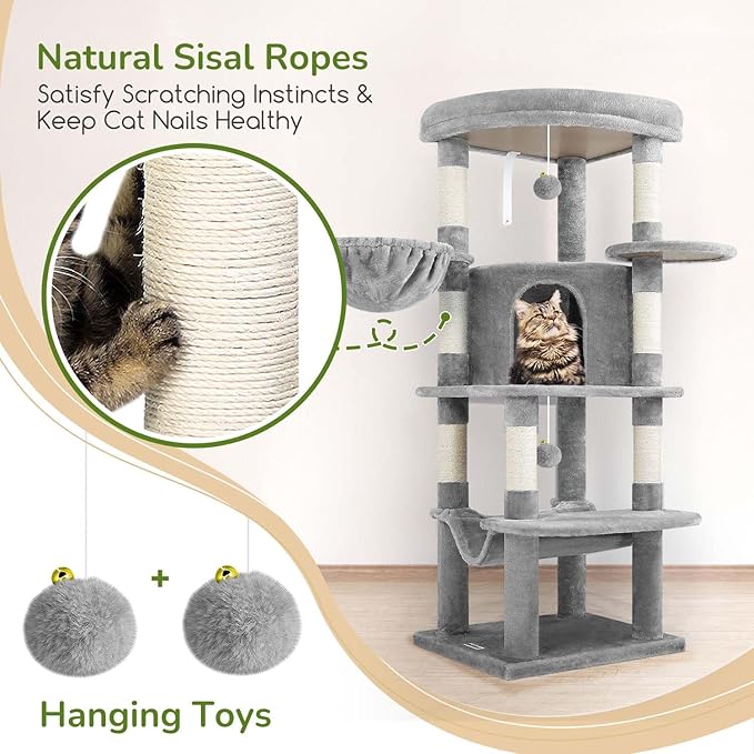 Globlazer Corner Cat Tree Tower for Indoor Cats, 51in Multi-Level Cat Condo Tower with Large Hammock, 7 Sisal Scratching Posts, Oversized Top Perch, Spacious Cat Cave, Hanging Basket, C51, Light Gray-PurrikoPets