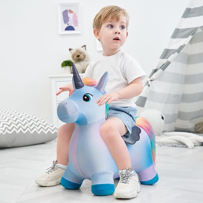 EVERICH TOY Unicorn Bouncy Horses Inflatable Plush Hopping Toy Bouncing Hopper Animals for Toddlers,Outdoor&Indoor Bouncy Animals for Toddlers,Gift for 18 Months 2 3 4 Year Old (W/Pump)-PurrikoPets